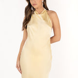 Vista frontal de modelo con vestido largo amarillo  de satén escote halter.
