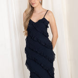 Vestido Maxi Volantes Azul Marino