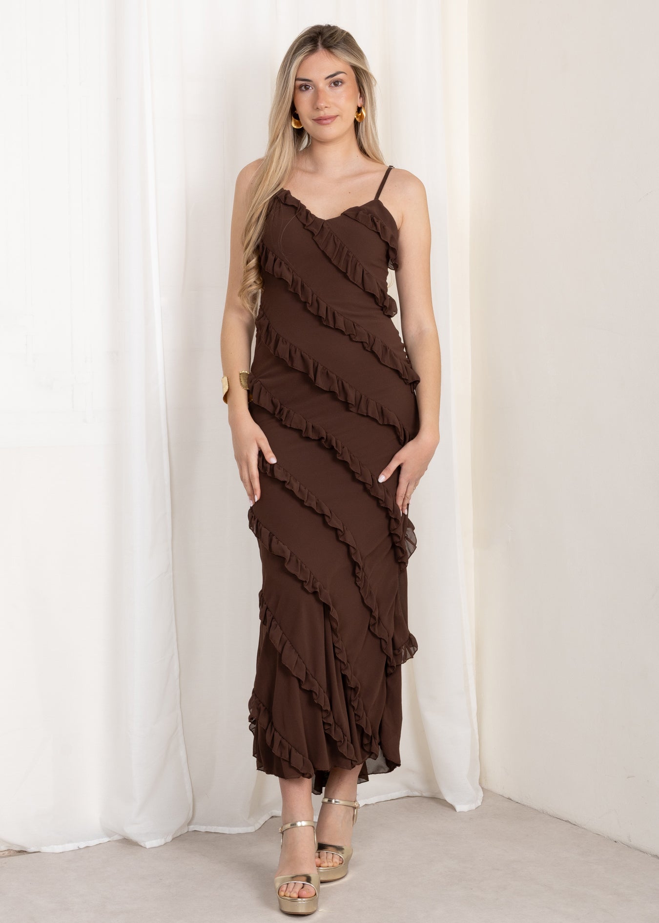 Vestido Maxi Volantes Marrón