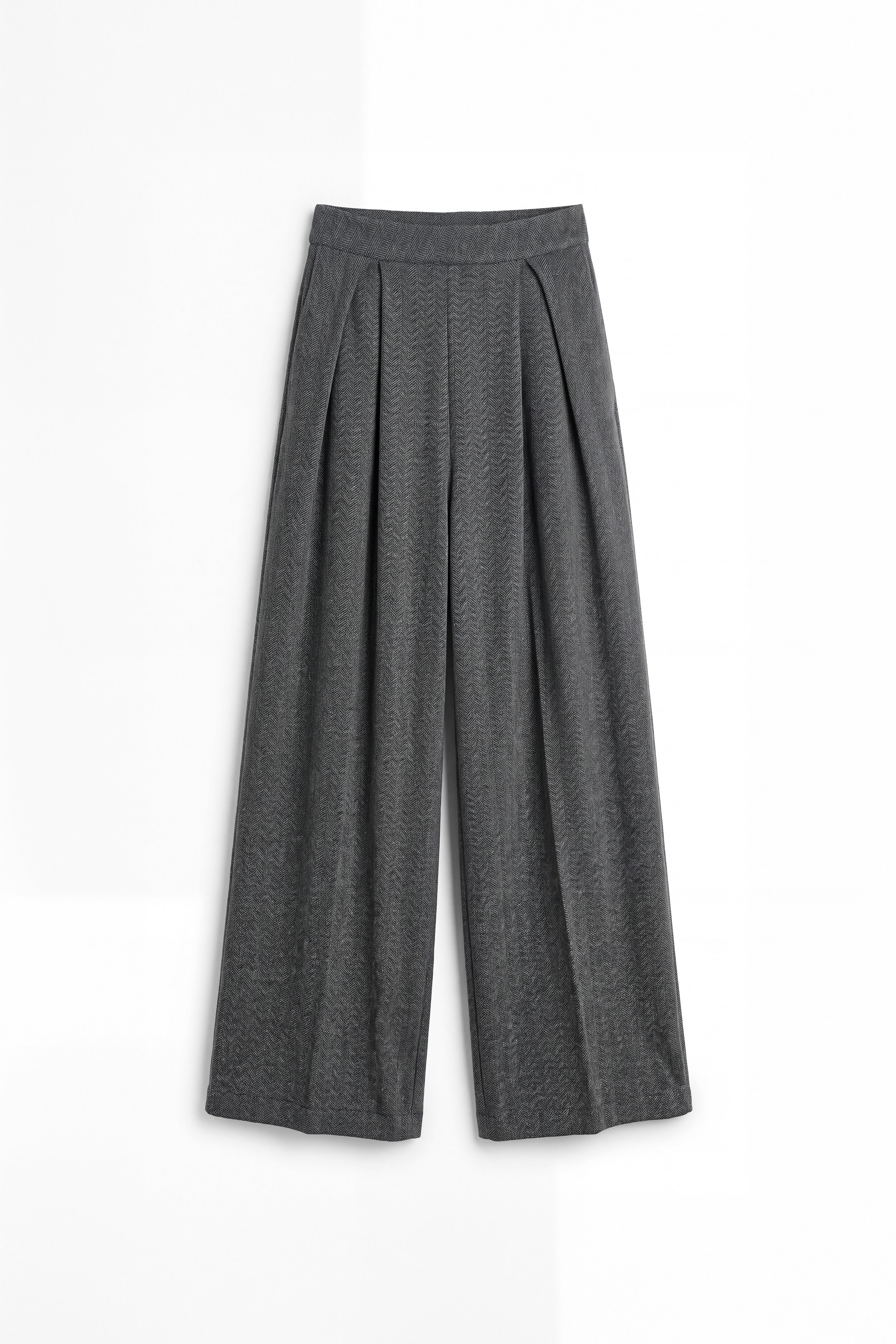 Pantalón gris de punto de espiga con corte holgado para mujer, mostrado de frente sobre fondo blanco neutro.
