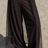 Pantalón largo fluido de tul marrón chocolate con corte ancho y semitransparente