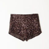 Mini short marrón de lentejuelas con cintura elástica y forro interior