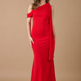 Vestido rojo largo asimétrico con detalle de pañuelo en el hombro, sofisticado y elegante para invitadas - Closet.bcn