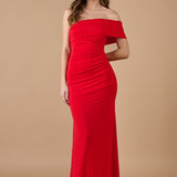 Vestido rojo largo con escote asimétrico y fruncido en la cintura, ideal para invitadas de boda y eventos elegantes - Closet.bcn