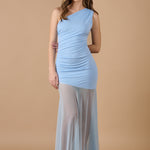 Vestido largo azul asimétrico con tul transparente, ideal para invitadas y eventos - Closet.bcn