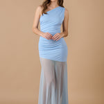 Vestido largo azul asimétrico con tul transparente, ideal para invitadas y eventos - Closet.bcn
