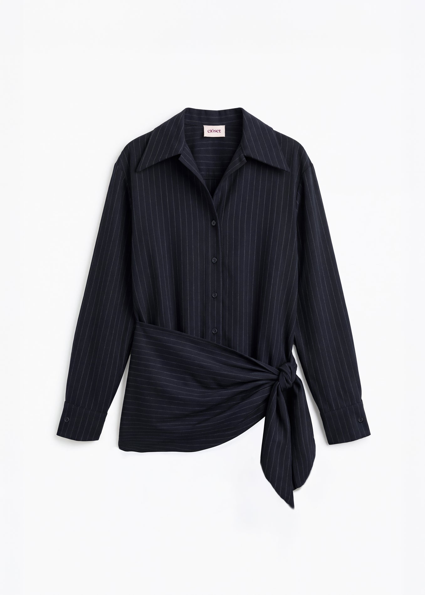 Camisa Hikari de raya diplomática azul marino para mujer, vista frontal – hecha a mano en Barcelona por closet BCN