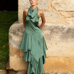 Vestido Nébora, vestido largo turquesa azulado de invitada de boda en bambula brillante, otoño 2026 - vista 1