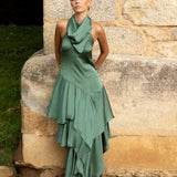 Vestido Nébora, vestido largo turquesa azulado de invitada de boda en bambula brillante, otoño 2026 - vista 1