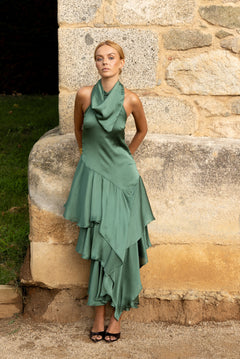 Vestido Nébora, vestido largo turquesa azulado de invitada de boda en bambula brillante, otoño 2026 - vista 1