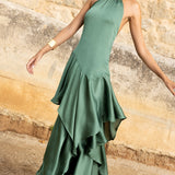 Vestido Nébora, vestido largo turquesa azulado de invitada de boda en bambula brillante, otoño 2026 - vista 3