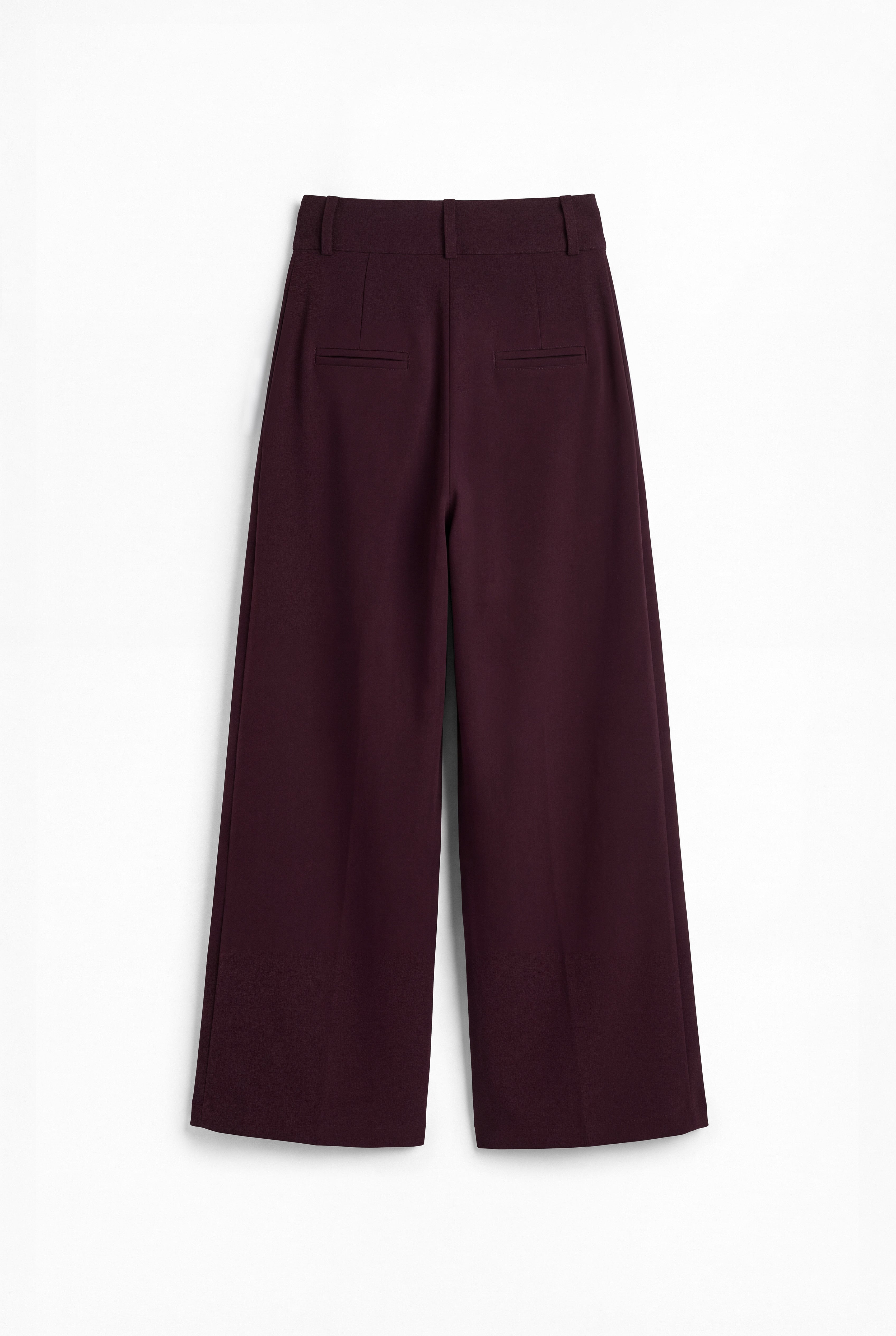 Pantalón berenjena de corte holgado con pliegues y doble hebilla para mujer, mostrado de espaldas sobre fondo blanco neutro.