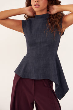 Top Eri efecto denim para mujer, vista frontal – hecho a mano en Barcelona por closet BCN